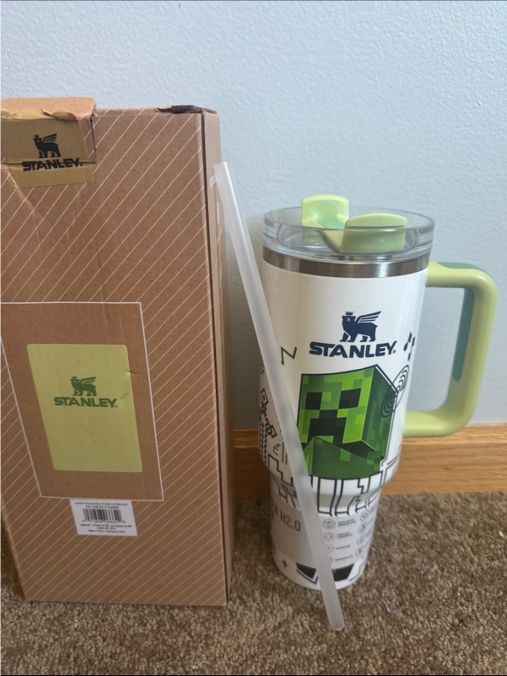 Stanley White Travel Tumbler with Light Green Handle and Graphic